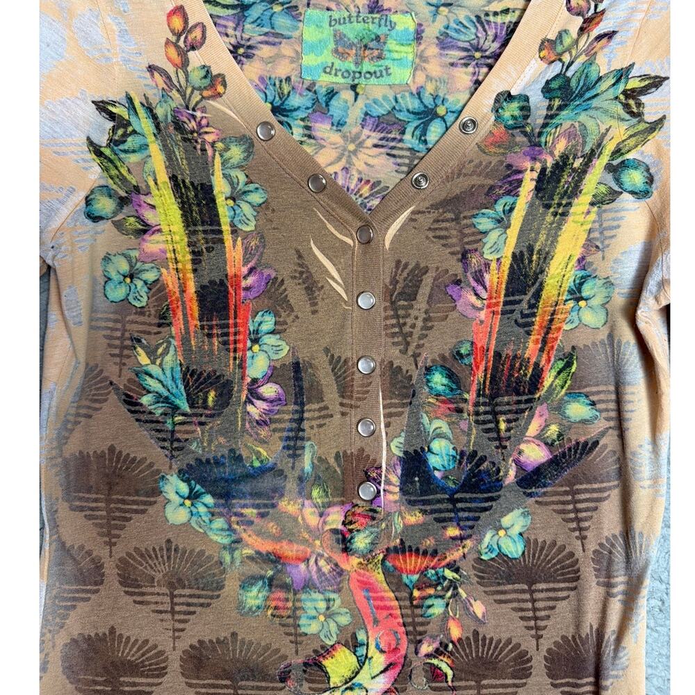 Butterfly Dropout Sheer Burnout Y2K Graphic Henley Top Boho Fairygrunge Indie M - Picture 5 of 13